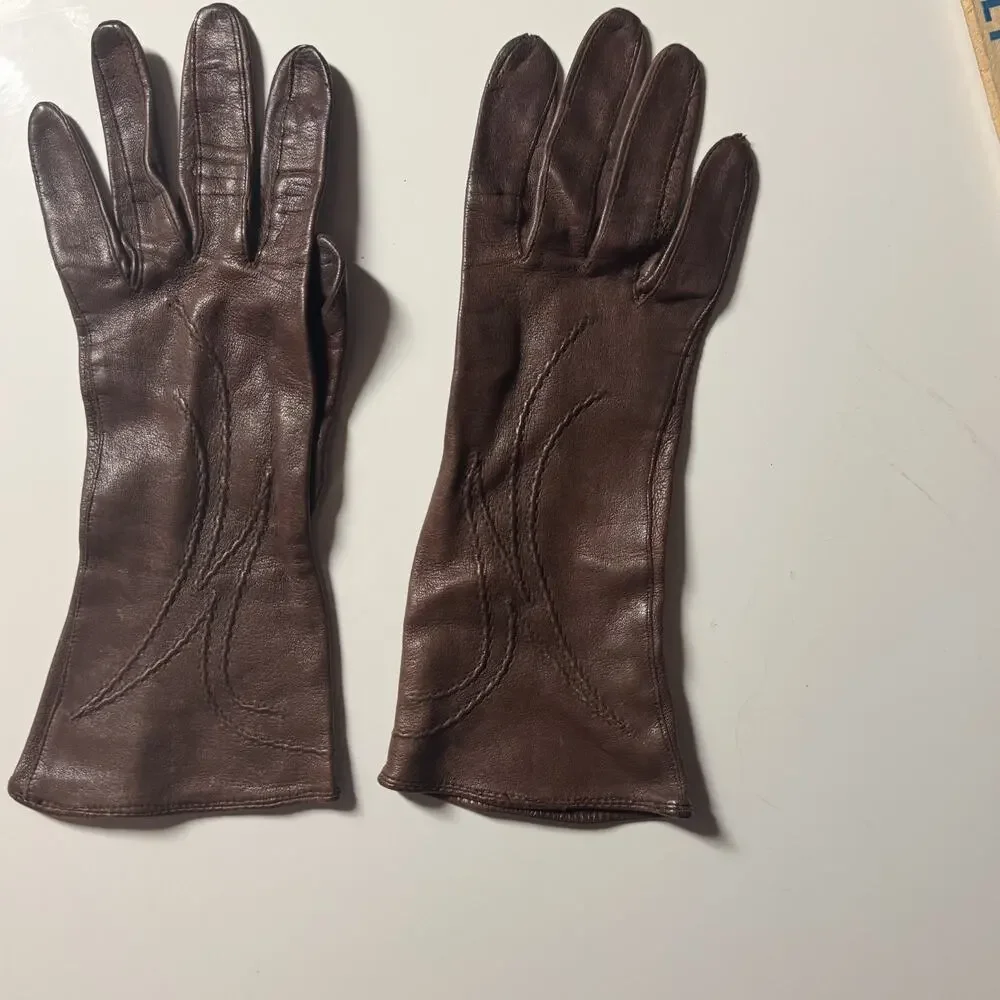 Vintage Mid-Century Brown Leather Women’s Size Small Driving Gauntlet Gloves